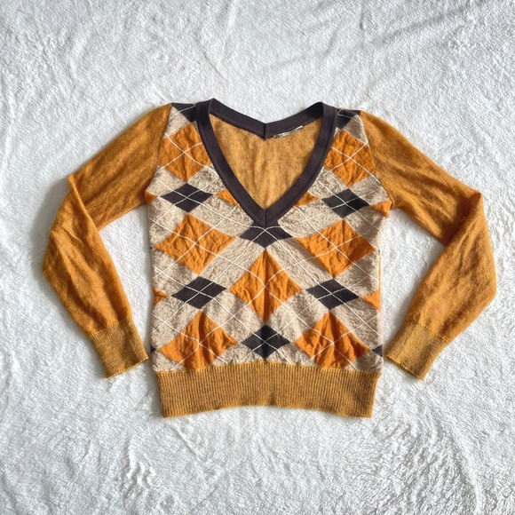 Ermanno Scervino Wool Blend Argyle V-Neck Knit Sweater Top Size 42 IT / 6 US